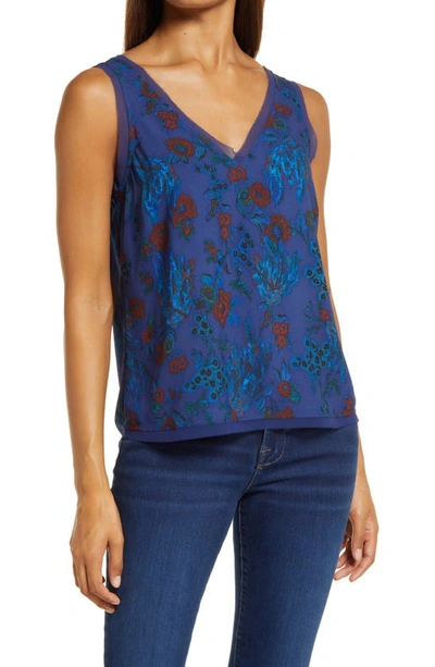 Halogen Raw Edge Tank In Blue Multi Moody Blooms