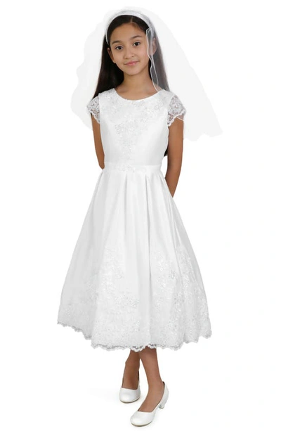 Blush By Us Angels Kids' Cap Sleeve Satin First Communion Dress In White