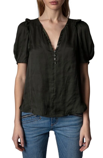 Zadig & Voltaire Twisty Satin Ruffle Top In Kaki