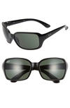 Ray Ban 60mm Wrap Sunglasses In Black/ Green Solid