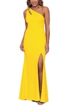 Xscape One-shoulder Cutout Scuba Crepe Gown In Yellow