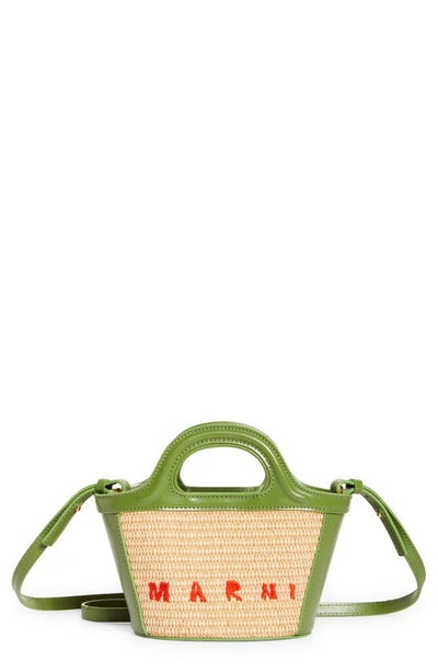 Marni Micro Tropicalia Logo Woven Top Handle Bag In Sand Storm/herb