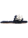 Miu Miu Navy Eco Shearling Pearl Slides In Blue