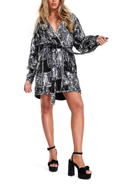 Asos Design Graphic Sequin Long Sleeve Wrap Minidress In Silver/ Black