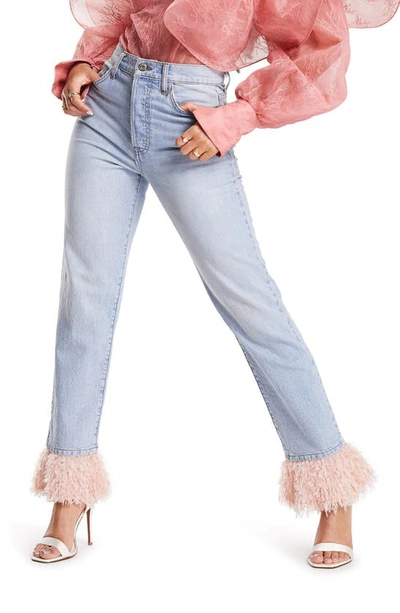 Asos Design Faux Feather Hem Straight Leg Jeans In Mid Blue