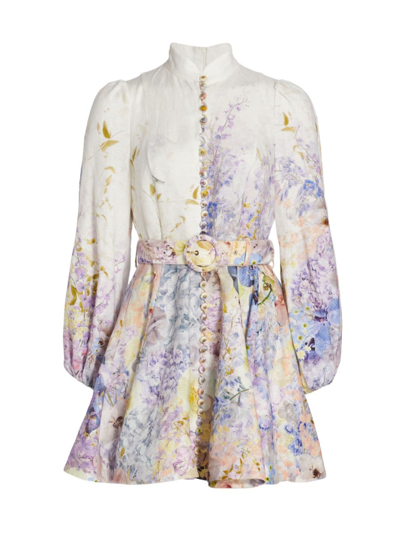 Zimmermann Rhythmic Belted Embellished Floral-print Linen Mini Dress In Citrus Garden