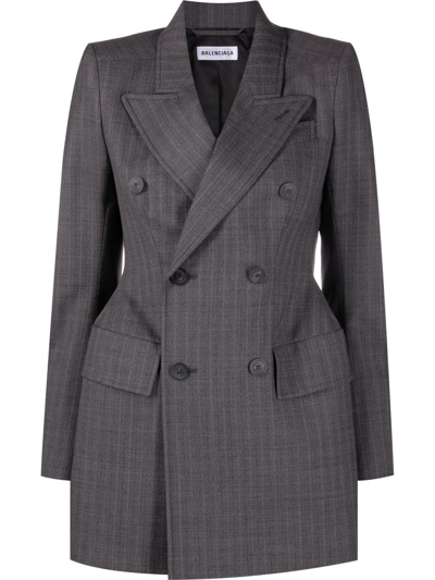 Balenciaga Hourglass Double-breasted Prince Of Wales Checked Wool Blazer In Grey