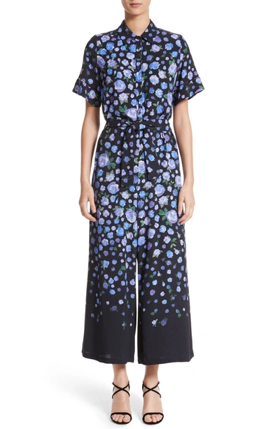 Lela Rose Short-sleeve Floral-print Jumpsuit In Black/lavender