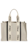 Chloé Large Woody Logo Strap Canvas Tote In White/blue