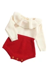 Ashmi And Co Babies' Isabella Ruffle Collar Colorblock Knit Cotton Bodysuit In Red