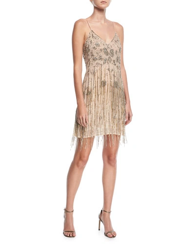 Haute Hippie Taken Fringe V-neck Sleeveless Mini Dress In Buff