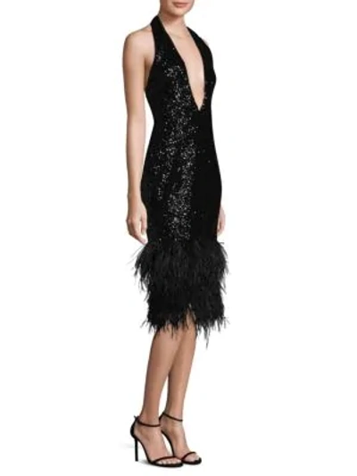 Milly Amelia Plunging Halter Sequined Cocktail Dress In Black