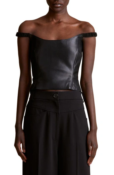 Khaite Audra Crop Off The Shoulder Leather Top In Black