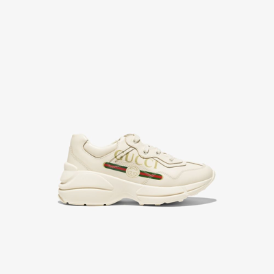 Gucci Kids' Neutral Rhyton Logo Print Leather Sneakers In White