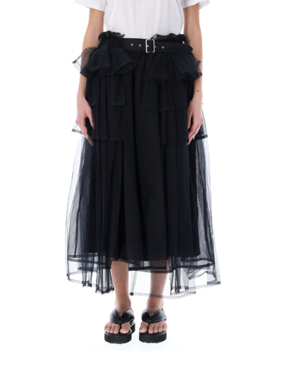Noir Kei Ninomiya Belted Tiered-tulle Midi Skirt In Black
