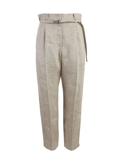 Brunello Cucinelli Linen Straight Leg Trousers In Beige Silver