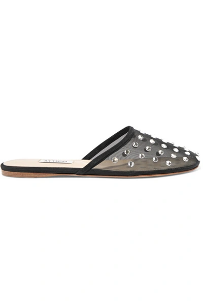Attico Gina Crystal-embellished Mesh Slippers In Black