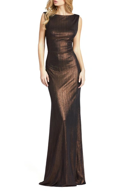 Mac Duggal Metallic Bateau Neck Column Gown In Espresso