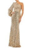 Mac Duggal Sequin One-shoulder Column Gown In Gold