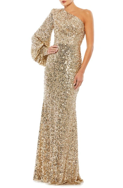 Mac Duggal Sequin One-shoulder Column Gown In Gold