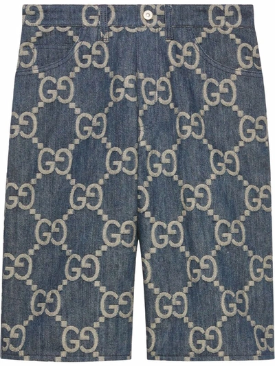 Gucci Straight-leg Logo-jacquard Denim Bermuda Shorts In Blue | ModeSens