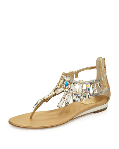 René Caovilla Large-crystal Flat T-strap Sandal, Gold | ModeSens