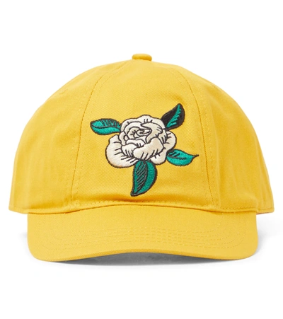 Mini Rodini Kids' Rose-embroidered Organic-cotton Cap In Yellow