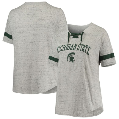 Profile Heathered Gray/green Michigan State Spartans Plus Size Lace-up V-neck T-shirt In Heather Gray