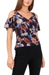 Chaus Ruffle Cold Shoulder Top In Navy/ Multi