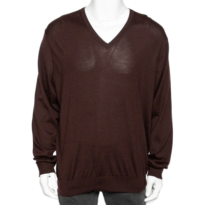 Pre-owned Ermenegildo Zegna Brown Cashmere & Silk Knit V-neck Sweater 4xl