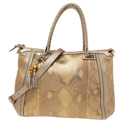 Pre-owned Gucci Gold/beige Python And Leather Bella Tote