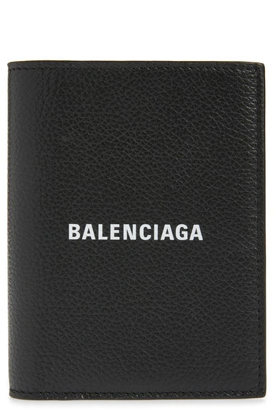 Balenciaga Cash Logo Vertical Leather Bifold Wallet In 1090 Black/l White