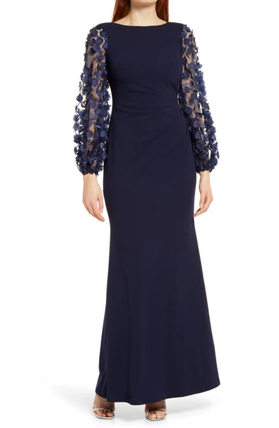 Eliza J Floral Appliqué Long Sleeve Trumpet Gown In Navy