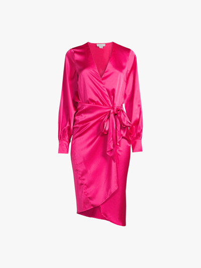 Never Fully Dressed Satin Wrap Midi Dress In Fuchsia Pink
