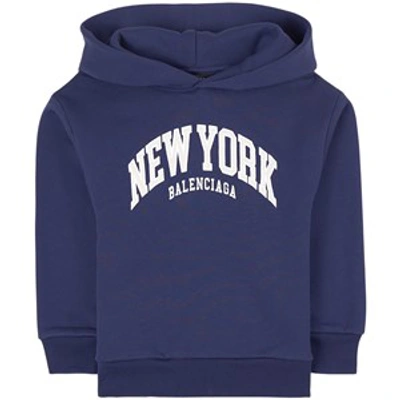 Balenciaga Kid's Cities New York Logo Cotton Hoodie In Navy