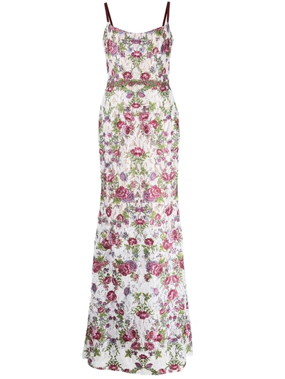 Marchesa Notte Embroidered Sleeveless Floral Gown In White