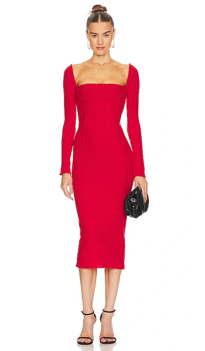 Laquan Smith Long Sleeve Square Neck Rib Midi Dress In Red