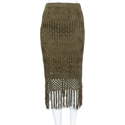 Pre-owned Polo Ralph Lauren Olive Green Open Knit Linen Fringed Midi Skirt Xs