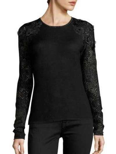 Elie Tahari Elm Applique Merino Wool Sweater In Black
