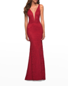 La Femme Illusion Inset Lace Gown In Red