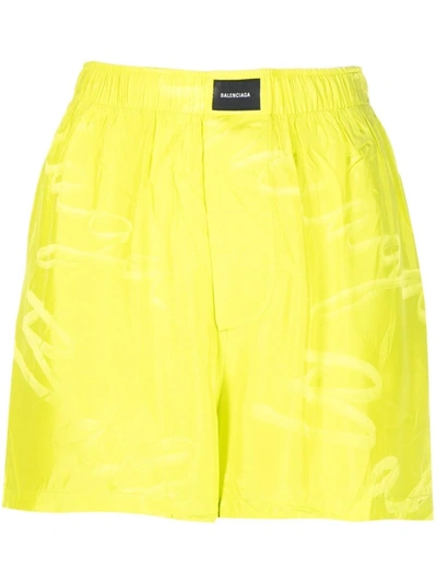 Balenciaga Logo-patch Crinkled Satin Shorts In Yellow & Orange
