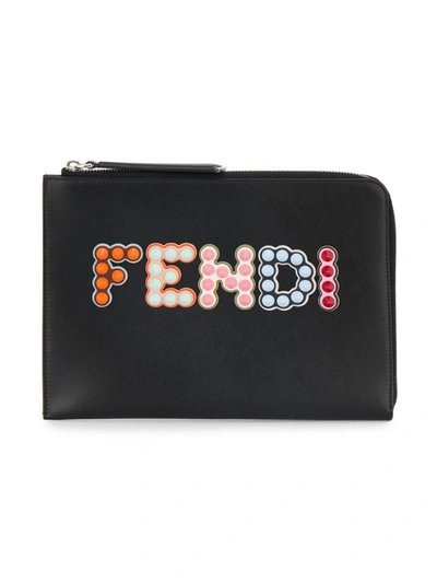 Fendi Logo Studded Rfid Leather Zip Pouch - Black