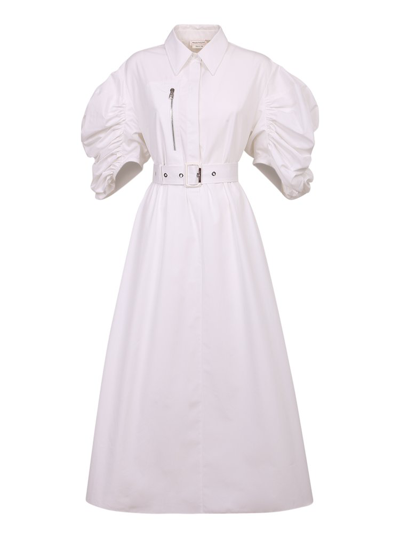 Alexander Mcqueen Puff-sleeve Belted Cotton Shirt Dress In White