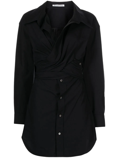 Alexander Wang Cross Front Long Sleeve Cotton Shirtdress In Black