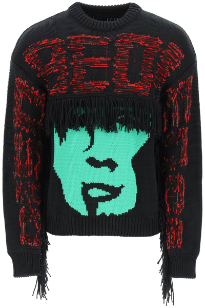 A Better Mistake Disobedience Fringed Sweater In Black,green,red