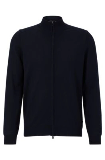 Hugo Boss Regular-fit Cardigan In Virgin Wool With Signature Stripe In Dark Blue