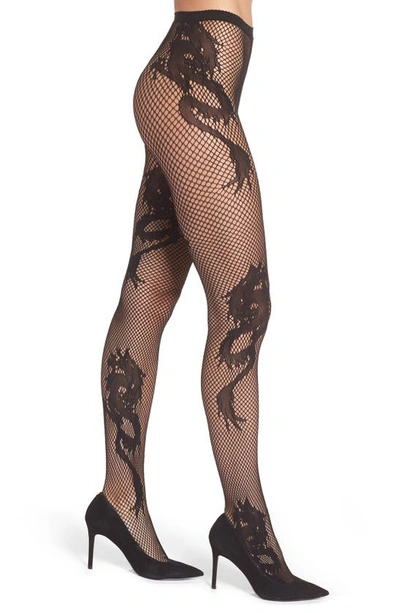 Natori Sheer Dragon Toss Fishnet Tights In Black