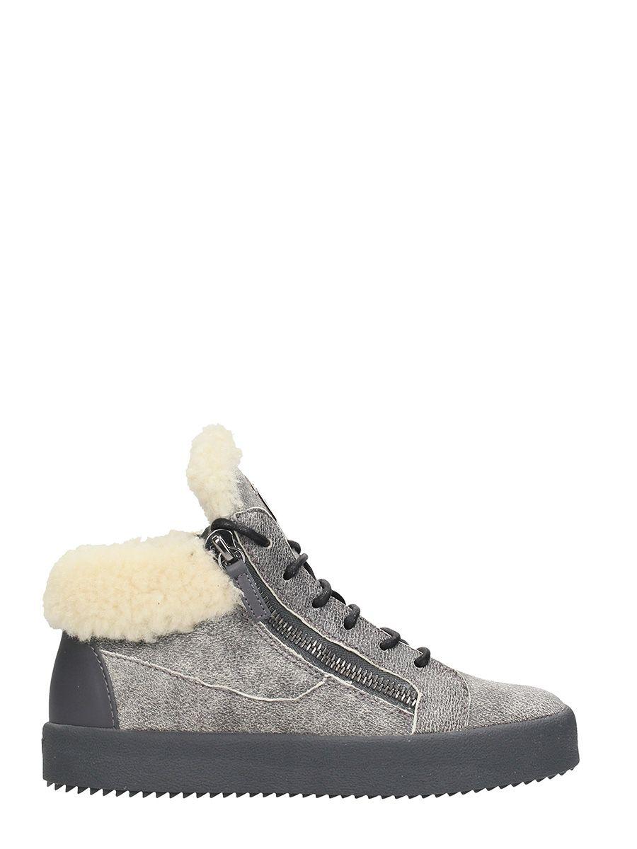 Giuseppe Zanotti Grey Suede And Shearling Mid Sneakers | ModeSens