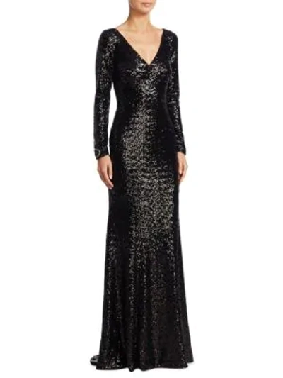 Theia Long-sleeve V-neck Sequined Mermaid Gown In Black
