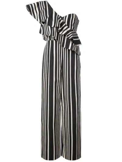 Alice And Olivia Sabeen One-shoulder Ruffled Striped Cotton-blend Jumpsuit In Black, Cream